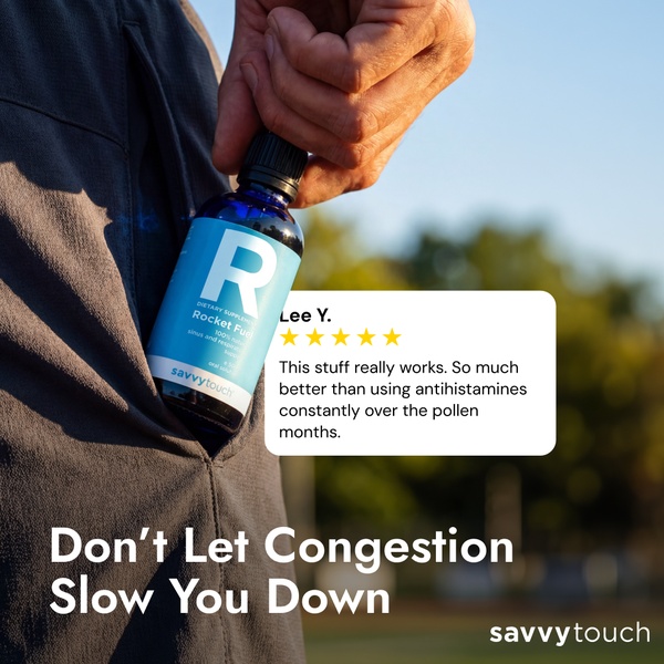 A close-up image of a person holding a bottle of sinus relief oral solution, overlaying a positive five-star customer review.